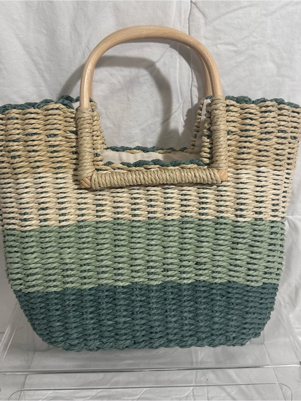 Billabong Green Ombre Woven Straw Tote with Wooden Handles